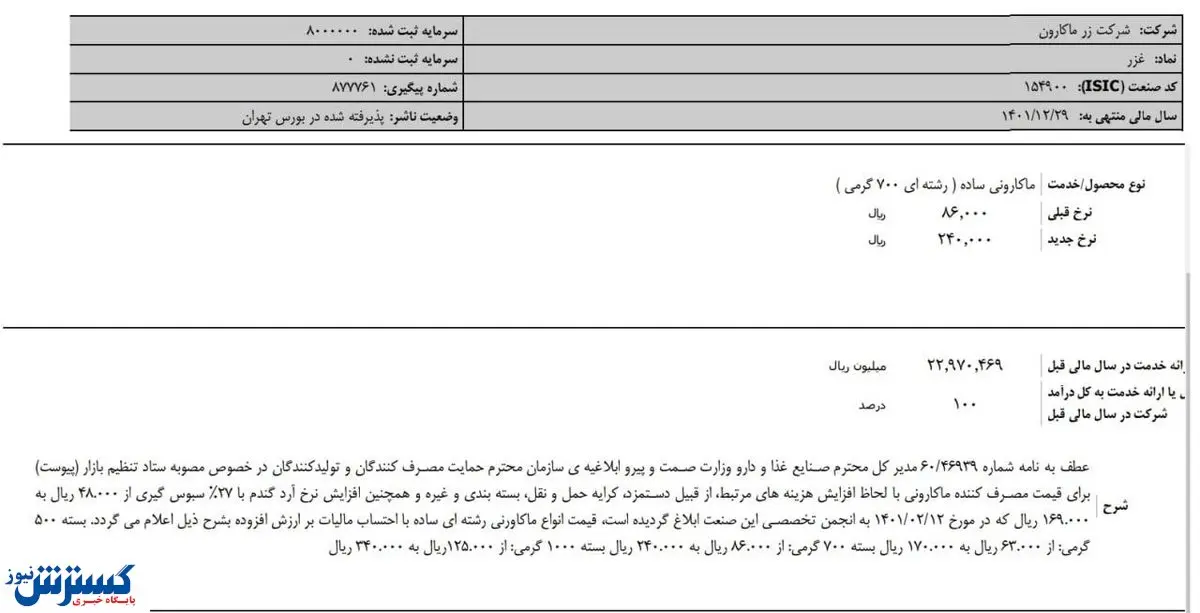 ماکارونی رسما ۱۷۹ درصد گران شد! + اطلاعیه زر ماکارون