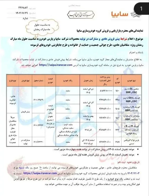 جدول پیش فروش سایپا ویژه ماه رمضان ثبت نام شاهین جدول پیش فروش سایپا ویژه ماه رمضان ثبت نام شاهین