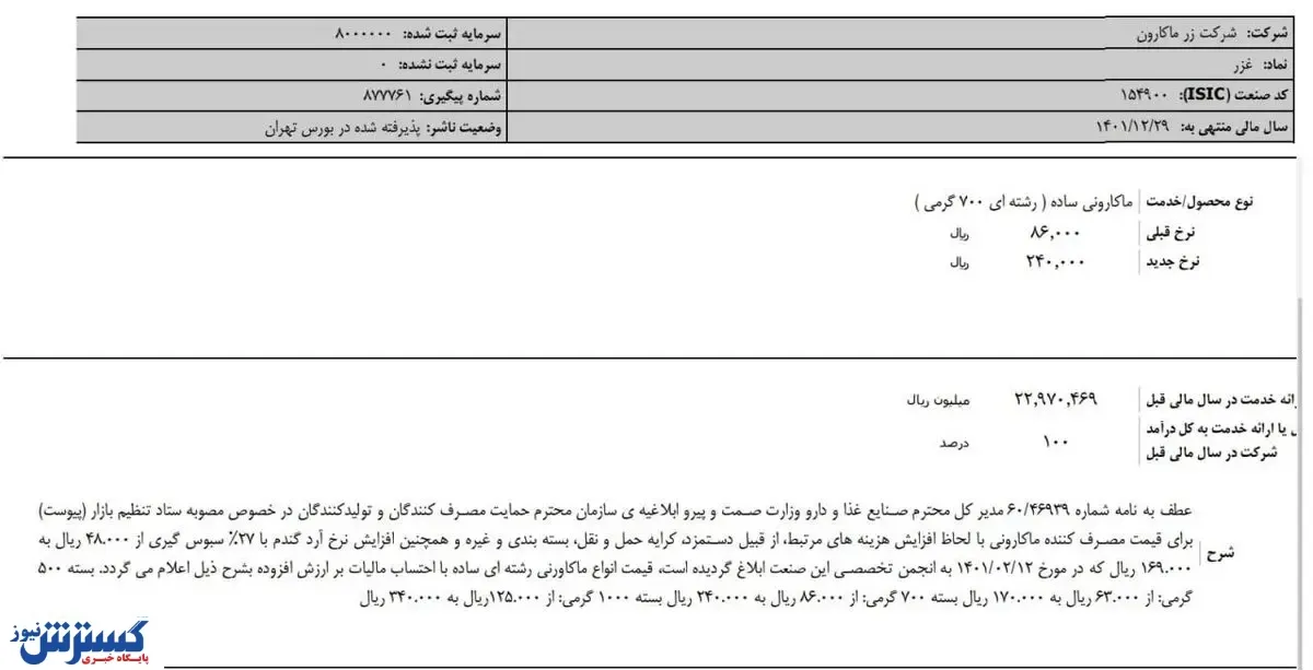 ماکارونی رسما ۱۷۹ درصد گران شد! + اطلاعیه زر ماکارون