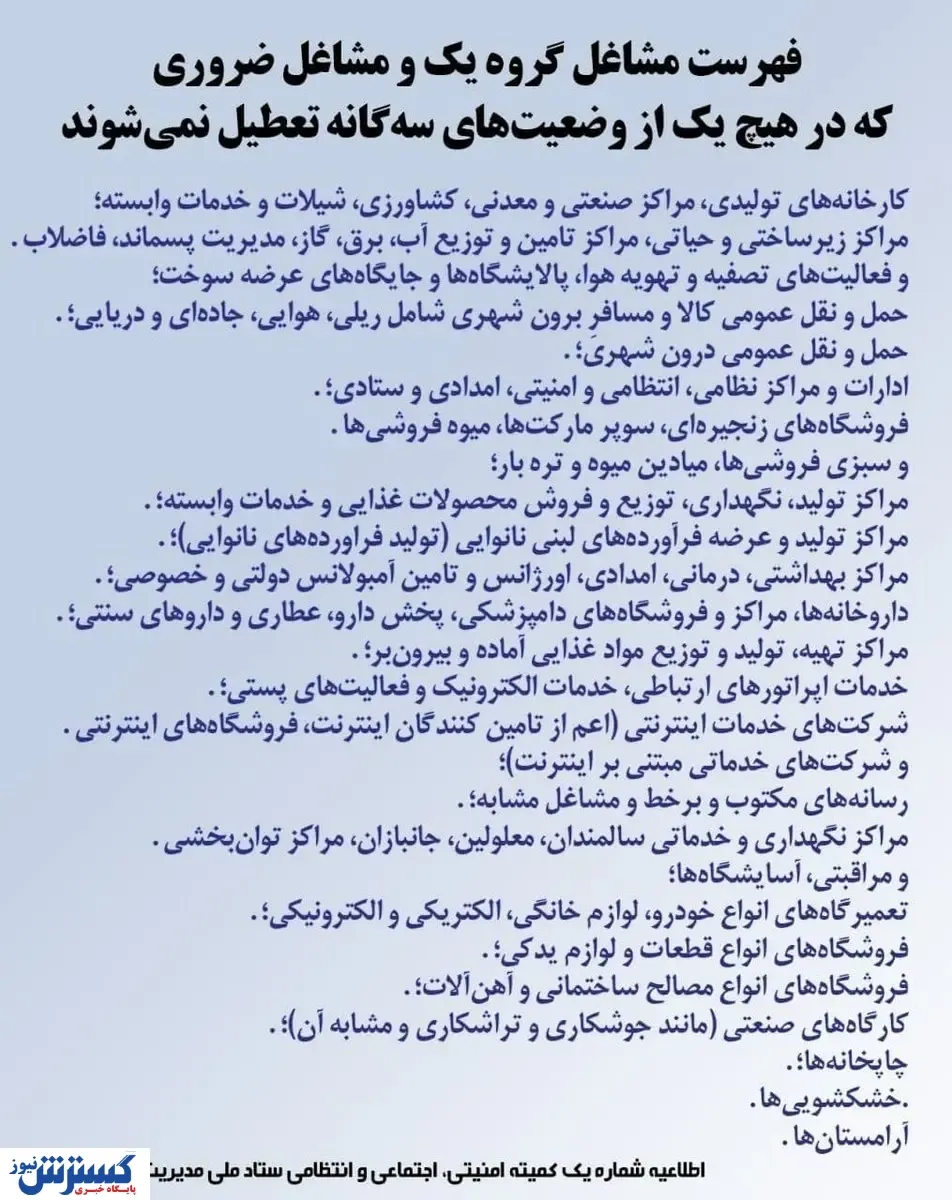 مشاغل مجاز به فعالیت در تعطیلات کرونایی + اسامی