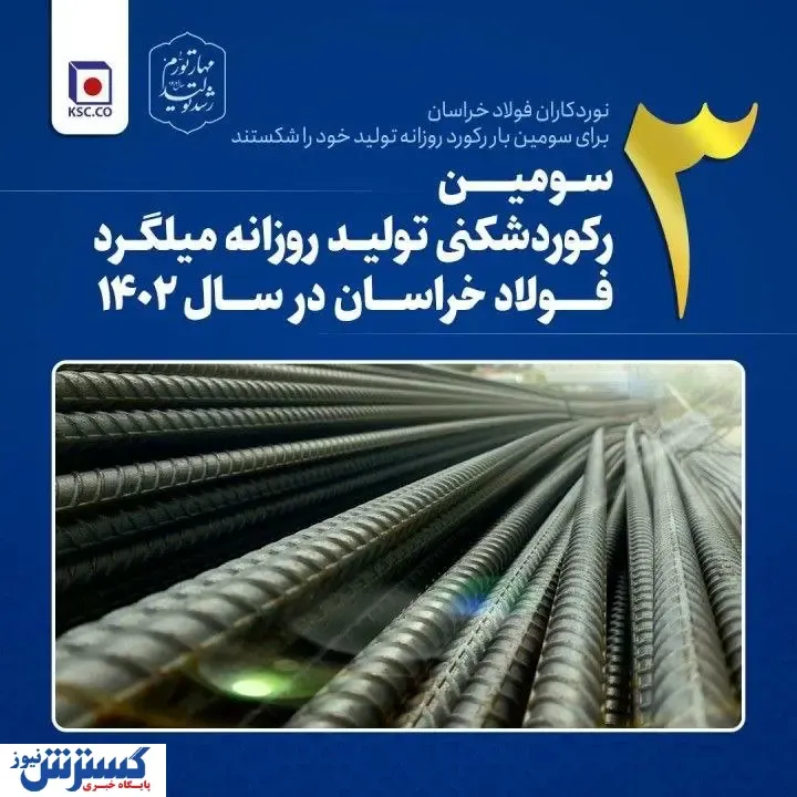 سومین رکوردشکنی روزانه تولید روزانه میلگرد فولاد خراسان در سال ۱۴۰۲